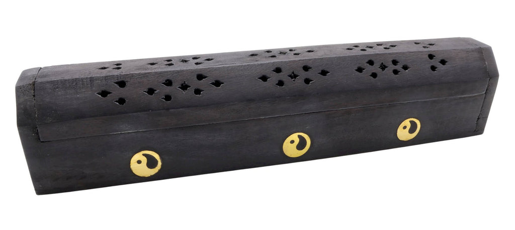 Porte-Encens Bois Coffret Noir Ying Yang 30cm | Support Bâtonnets Artisanal & Équilibre