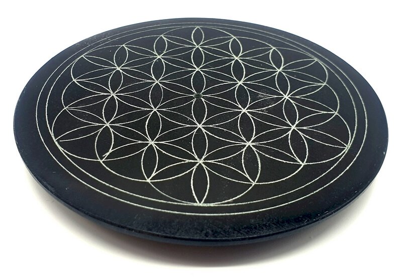 Porte-Encens Pierre Ronde Noire Fleur de Vie 10cm – Artisanat Indien Fait Main