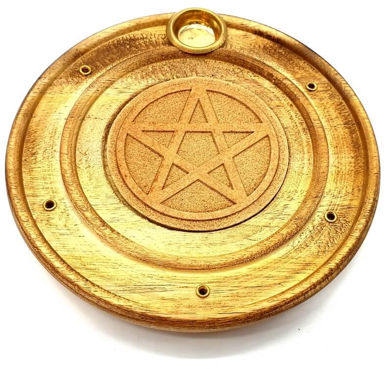 Porte-Encens Rond en Bois Pentagramme – Bâtonnets & Cônes 10 cm