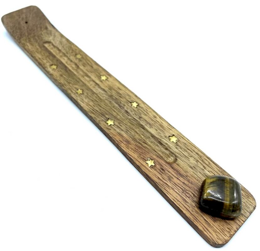 Porte-Encens Bois Ski 25cm & Œil de Tigre | Décoration Spirituelle Artisanale