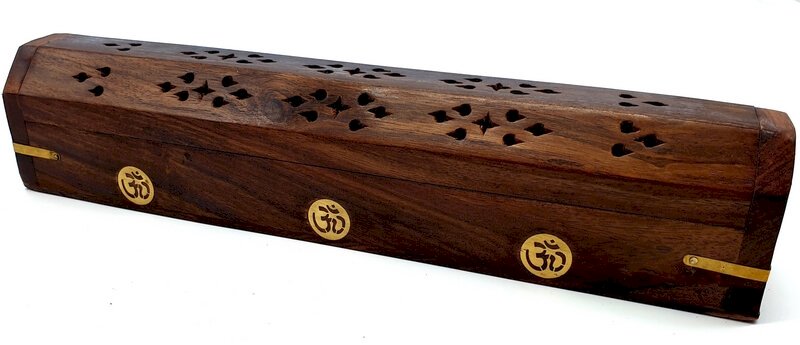 Porte-Encens Bois Coffret OM 30cm | Support Bâtonnets Artisanal & Son Primordial