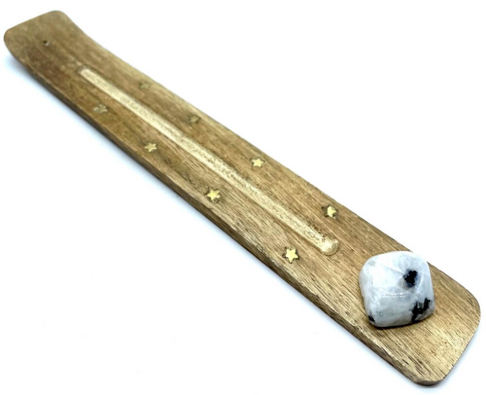 Porte-Encens Ski Bois & Labradorite Blanche Percée – Bâtonnets d’Encens 25 cm