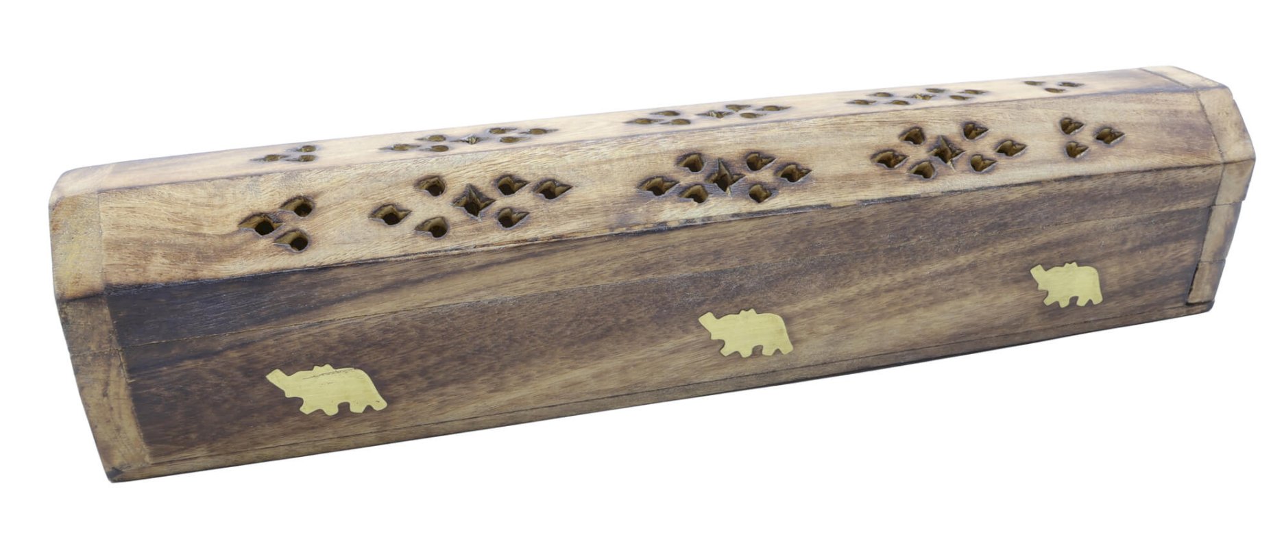 Porte-Encens Bois Coffret Éléphants Clair 30cm | Support Bâtonnets Artisanal & Porte-Bonheur