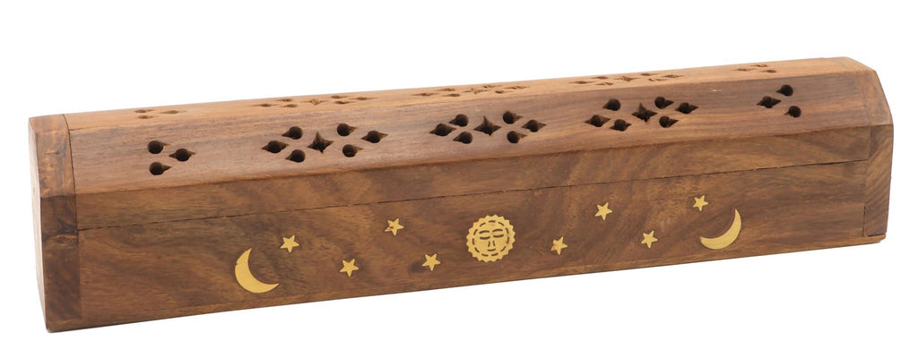 Porte-Encens Bois Coffret Lune & Soleil 30cm | Support Bâtonnets Artisanal & Équilibre Cosmique