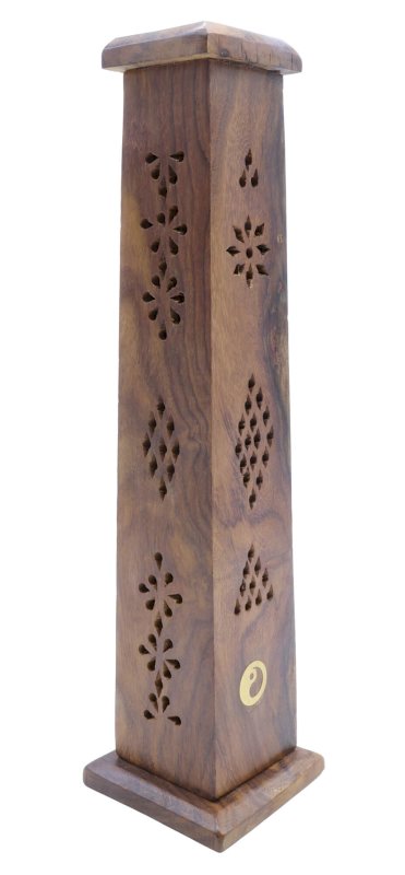 Porte-Encens Bois Tour Ying-Yang 30cm | Support Bâtonnets Artisanal & Équilibre Sculptural