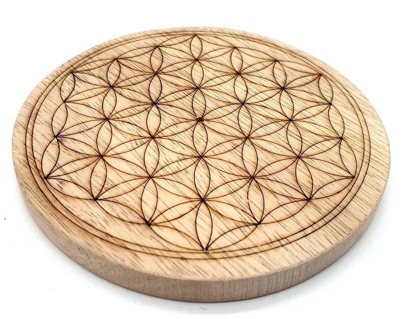 Porte-Encens Bois Fleur de Vie 10 cm – Bâtonnets & Plaque de Rechargement Minéraux