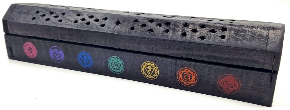 Porte-Encens Coffret 7 Chakras en Bois Noir – Équilibre Énergétique 30 cm