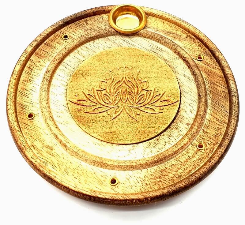 Porte-Encens Rond en Bois Fleur de Lotus – Bâtonnets & Cônes 10 cm