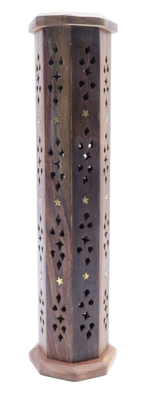 Porte-Encens Tour Octogonale en Bois Sculpté – Motifs Ésotériques 30 cm