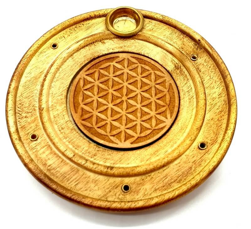 Porte-Encens Rond en Bois Fleur de Vie – Bâtonnets & Cônes 10 cm