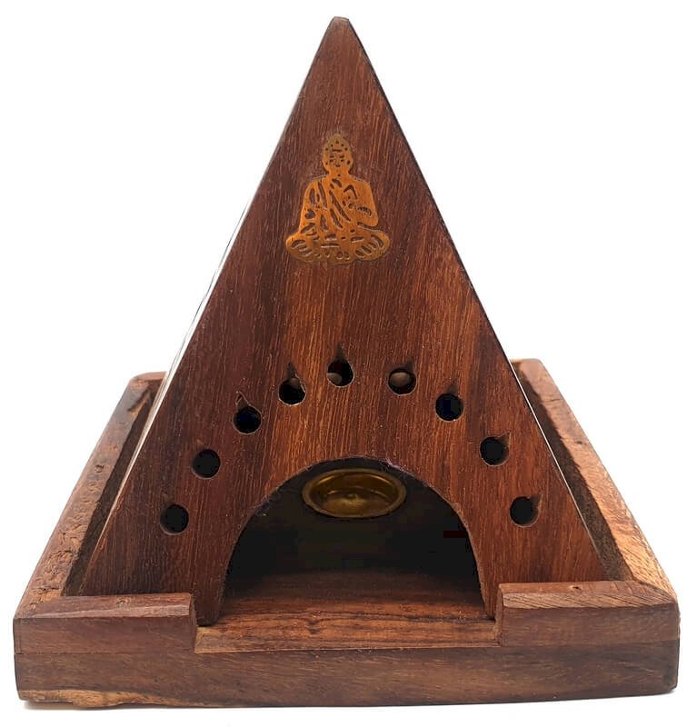 Porte-Encens Bois Pyramide Bouddha 10cm | Support Bâtonnets Artisanal & Éveil Sacré