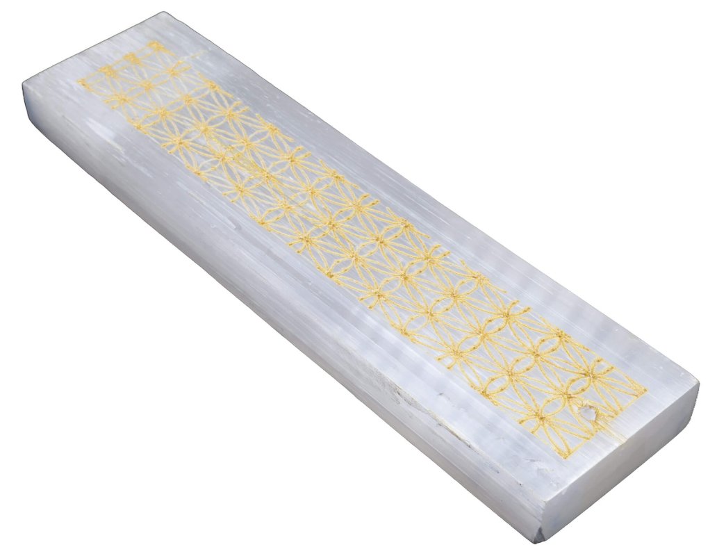 Porte-Encens Sélénite Fleur de Vie Dorée 15cm – Pierre Cristal Purifiante
