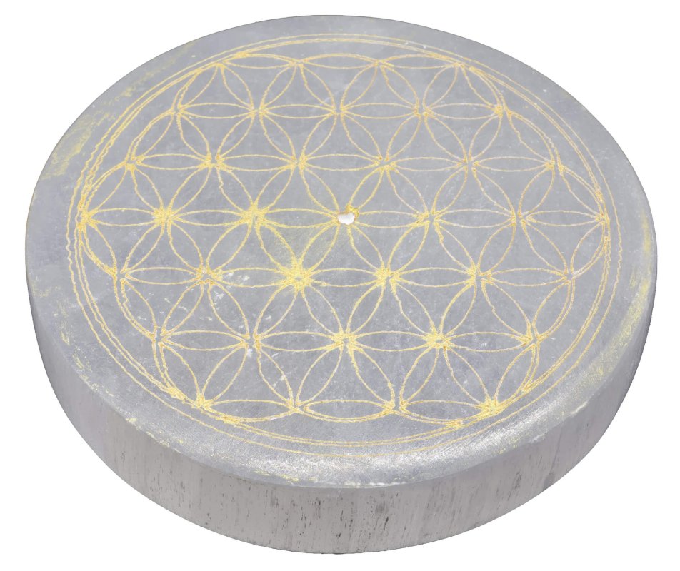 Porte-Encens Sélénite Fleur de Vie Dorée 10cm – Pierre Cristal Purifiante