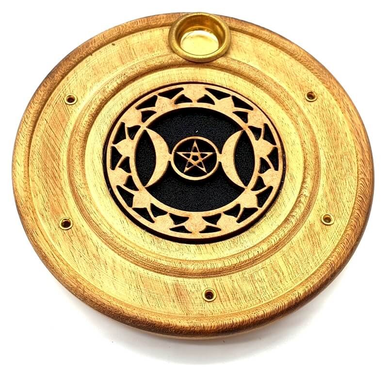 Porte-Encens Rond en Bois Triple Lune – Bâtonnets & Cônes 10 cm