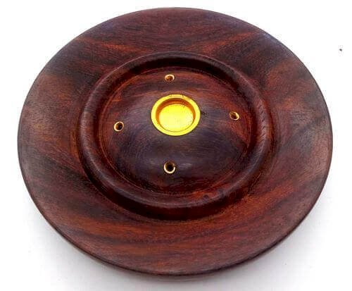 Porte-Encens Bois Rond 13cm | Motif Aléatoire Fleurs ou Uni — Support Cônes & Bâtonnets