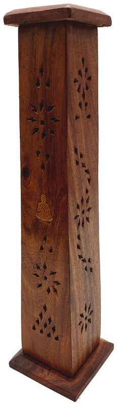 Porte-Encens Bois Tour Bouddha 30cm | Support Bâtons & Cônes Artisanal & Éveil Sacré
