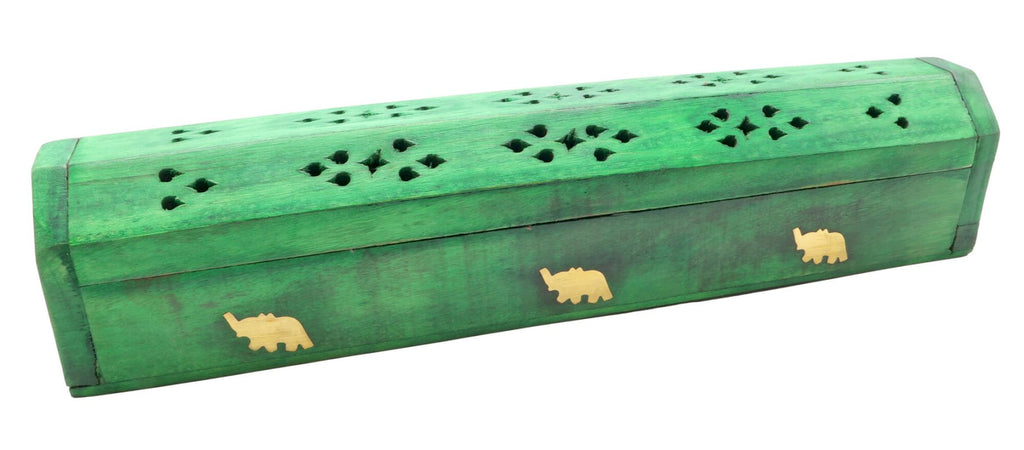 Porte-Encens Bois Coffret Vert Éléphants 30cm | Support Bâtonnets Artisanal & Porte-Bonheur