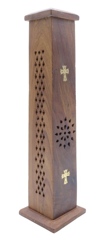 Porte-Encens Bois Tour Croix 30cm | Support Bâtonnets Artisanal & Foi Spirituelle