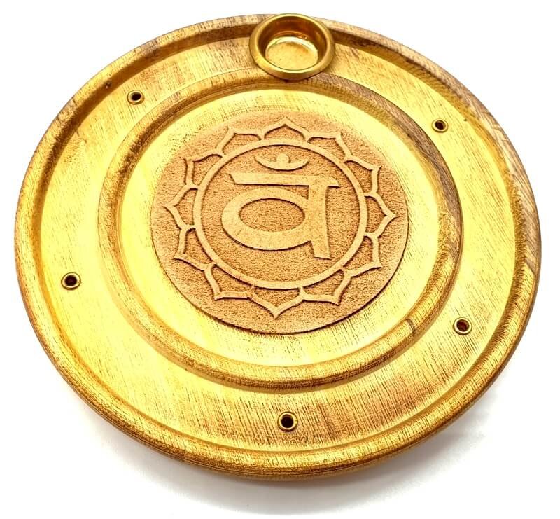 Porte-Encens Rond en Bois Chakra Sacré – Bâtonnets & Cônes 10 cm