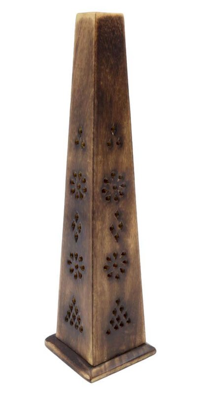 Porte-Encens Bois Tour Pyramide Motifs 30cm | Support Bâtonnets Artisanal & Géométrie Sacrée