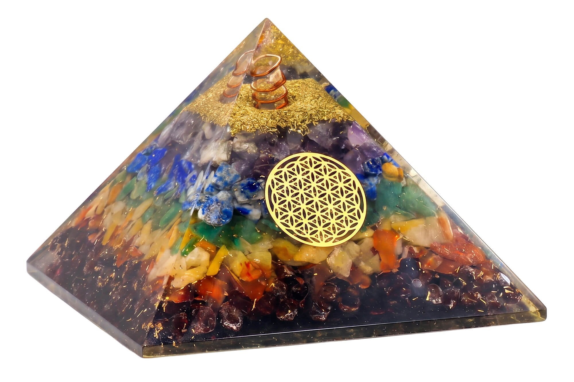 Pyramide Orgonite ‘Équilibre & Harmonie’ 6cm – 7 Chakras & Fleur de Vie