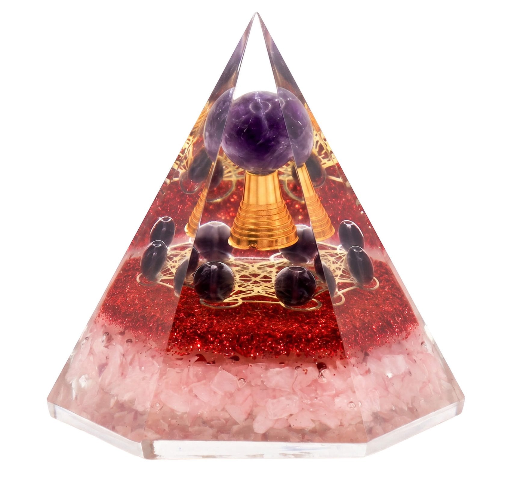 Pyramide Orgonite ‘Paix & Amour Inconditionnel’ 8cm – Quartz Rose, Améthyste & Métatron