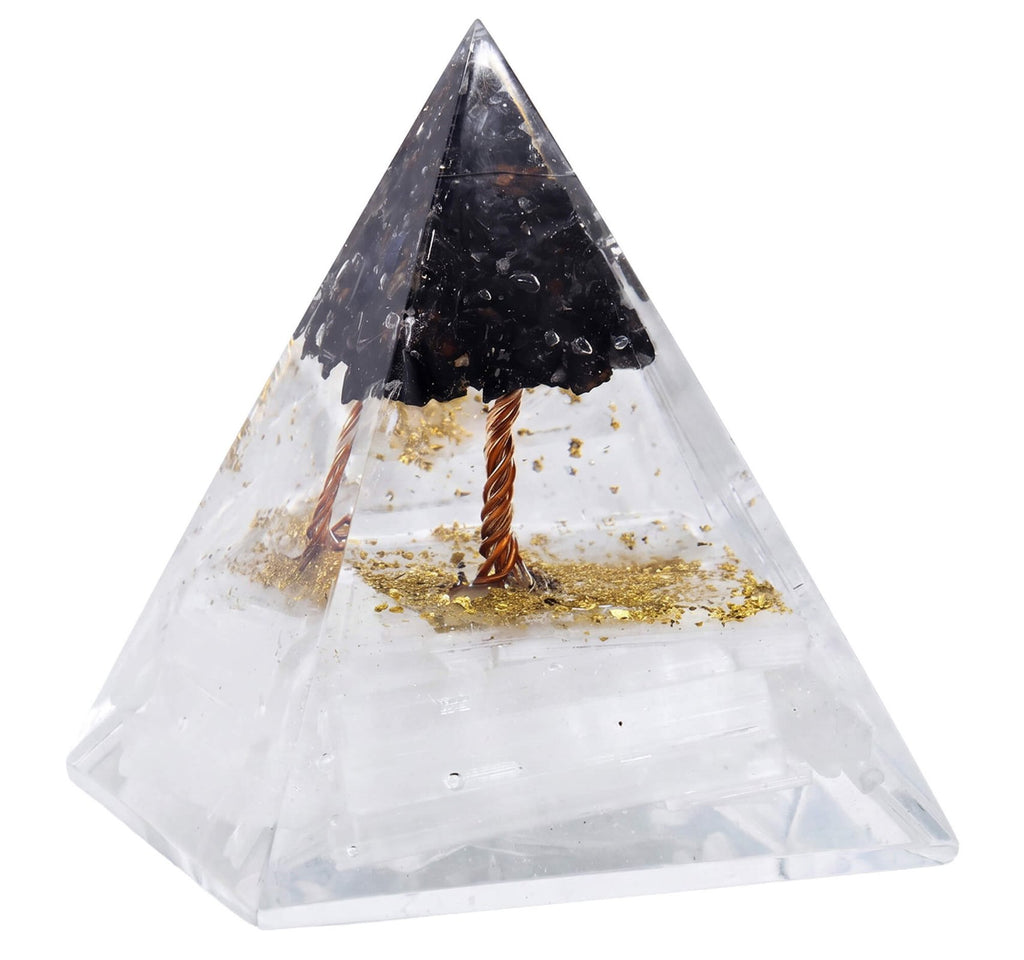 Pyramide Orgonite ‘Réussite au Travail’ 8cm – Sélénite & Tourmaline Noire