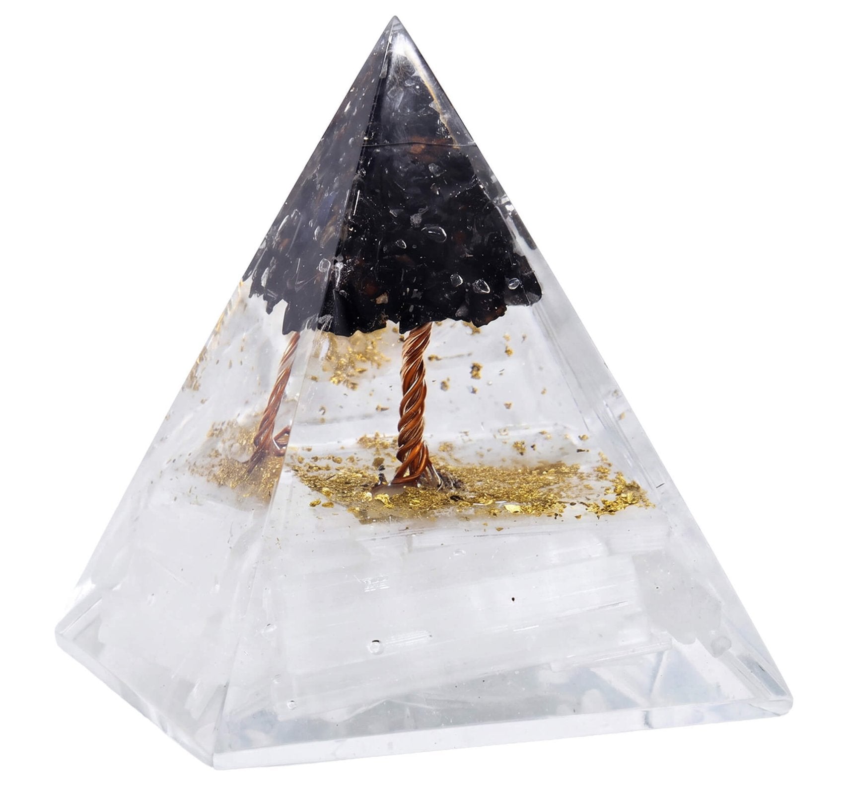 Pyramide Orgonite ‘Réussite au Travail’ 8cm – Sélénite & Tourmaline Noire