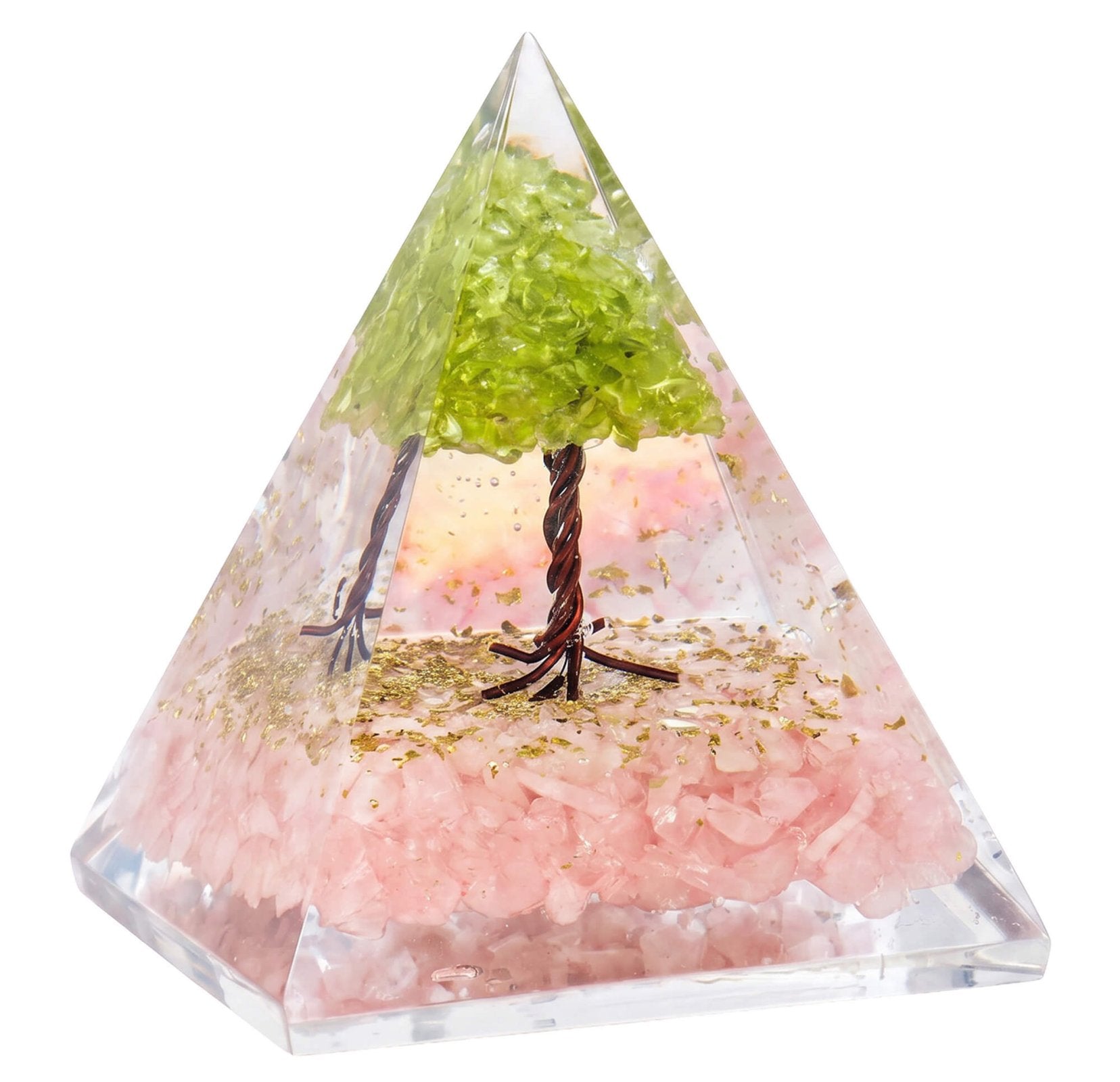 Pyramide Orgonite ‘Stabilité & Amour’ 8cm – Quartz Rose & Péridot