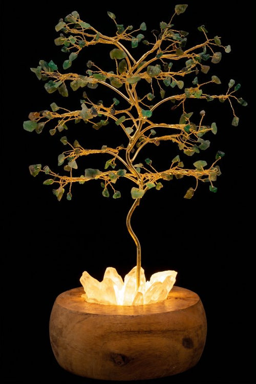 Arbre du Bonheur Lumineux Aventurine Verte 25cm – Base Cristal de Roche Éclairée & Socle Acacia