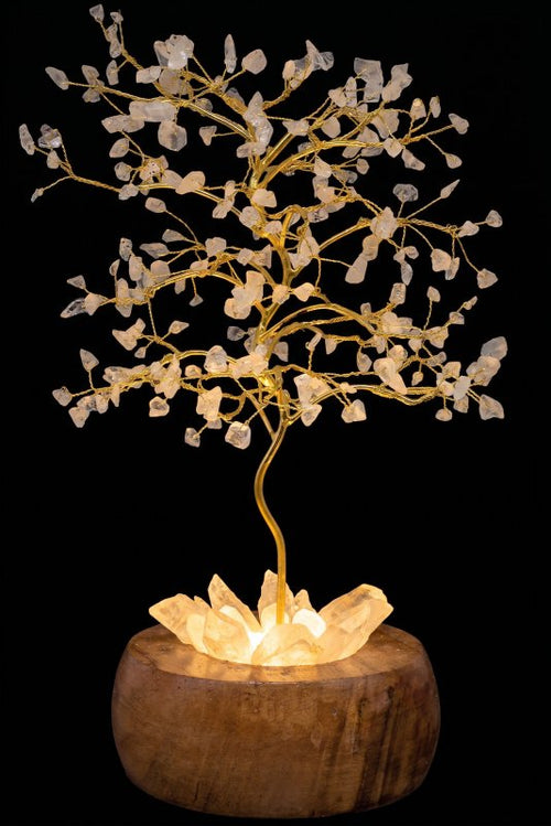 Arbre du Bonheur Lumineux Cristal de Roche 25cm – Base Éclairée & Socle Acacia
