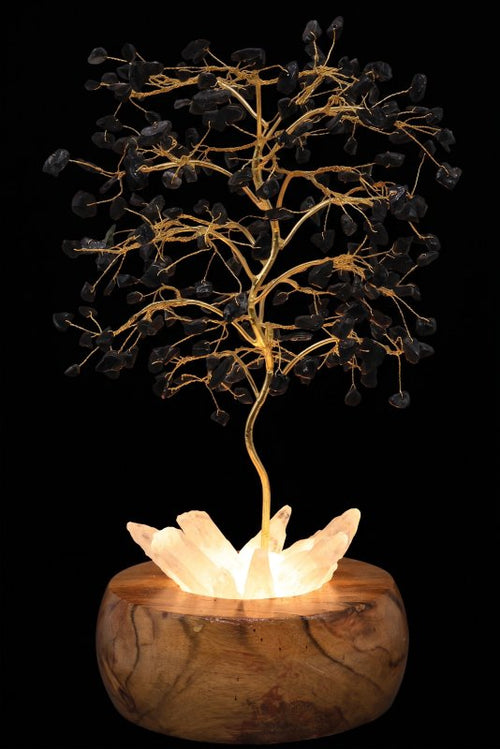 Arbre du Bonheur Lumineux en Tourmaline Noire – Socle Cristal de Roche Éclairé 28cm