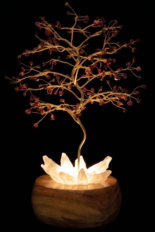 Arbre du Bonheur Lumineux Grenat 25cm – Base Cristal de Roche Éclairée & Socle Acacia