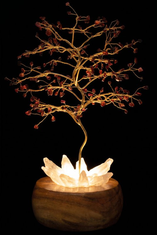 Arbre du Bonheur Lumineux Grenat 25cm – Base Cristal de Roche Éclairée & Socle Acacia