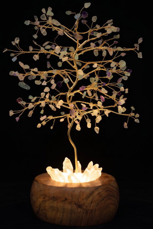 Arbre du Bonheur Lumineux Fluorite 25cm – Base Cristal de Roche Éclairée & Socle Acacia