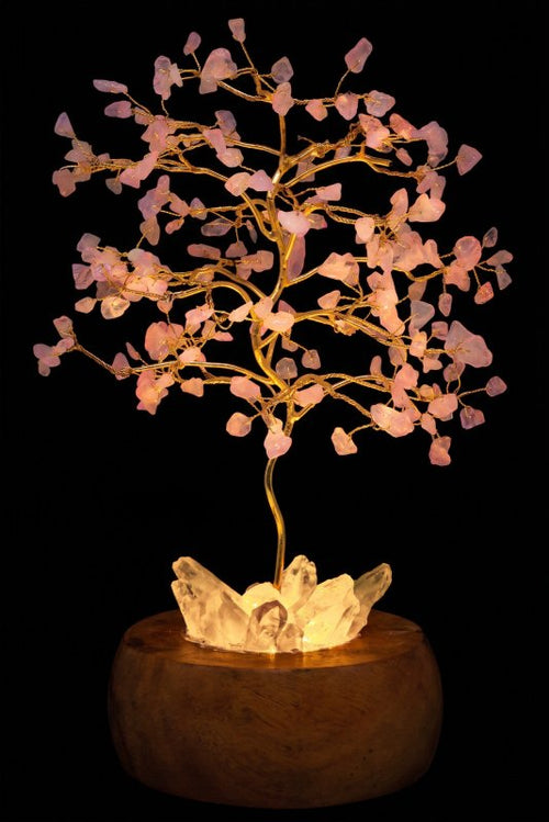 Arbre du Bonheur Lumineux en Quartz Rose – Socle Cristal de Roche Éclairé 28cm