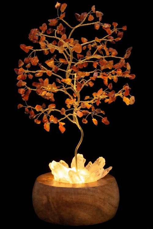 Arbre du Bonheur Lumineux Cornaline 25cm – Base Cristal de Roche Éclairée & Socle Acacia
