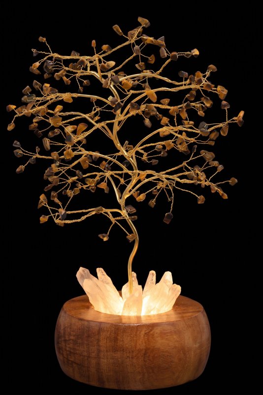 Arbre du Bonheur Lumineux Œil de Tigre 25cm – Base Cristal de Roche Éclairée & Socle Acacia
