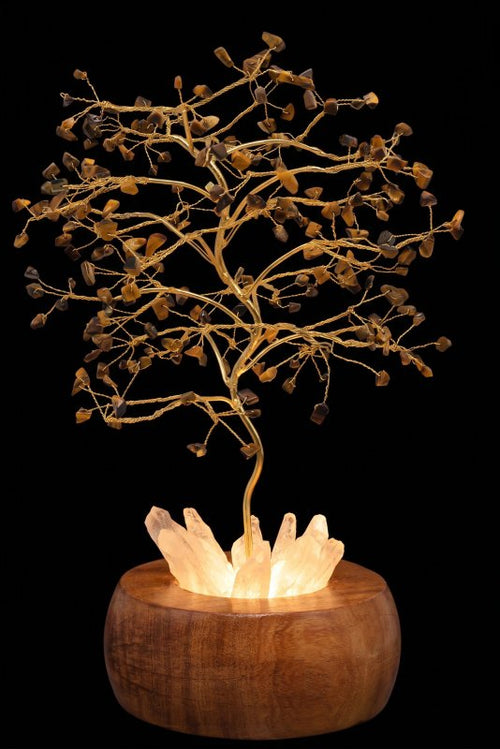 Arbre du Bonheur Lumineux Œil de Tigre 25cm – Base Cristal de Roche Éclairée & Socle Acacia