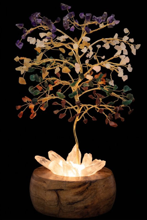 Arbre du Bonheur Lumineux 7 Chakras 25cm – Base Cristal de Roche Éclairée & Socle Acacia