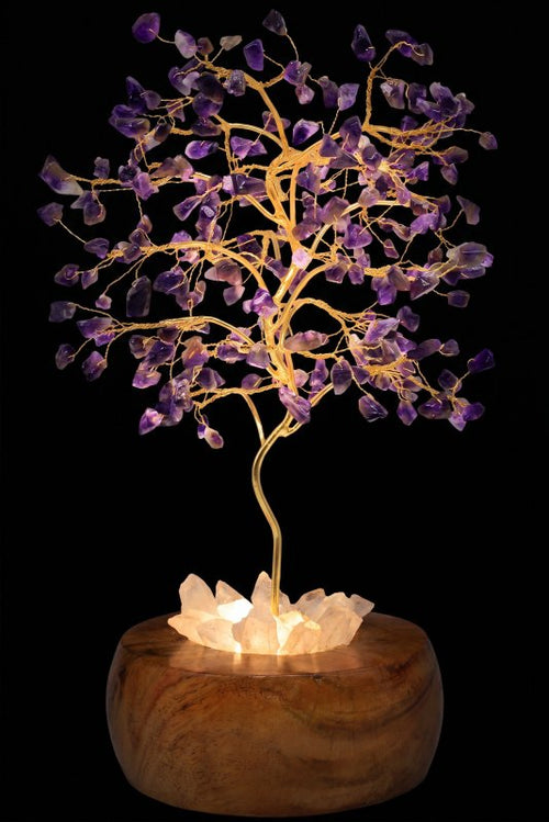 Arbre du Bonheur Lumineux Améthyste 25cm – Base Cristal de Roche Éclairée & Socle Acacia