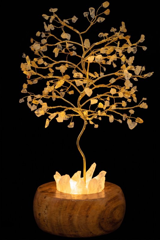 Arbre du Bonheur Lumineux Citrine 25cm – Base Cristal de Roche Éclairée & Socle Acacia