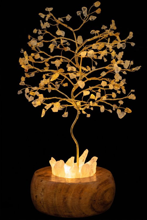 Arbre du Bonheur Lumineux Citrine 25cm – Base Cristal de Roche Éclairée & Socle Acacia
