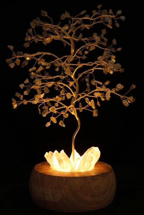 Arbre du Bonheur Lumineux Labradorite 25cm – Base Cristal de Roche Éclairée & Socle Acacia