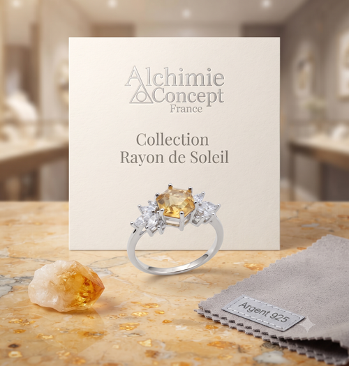 * Bague Argent 925 'Flocon d'Argent' ✦ Citrine Naturelle Dorée ✦ Taille Réglable – Poinçon 925