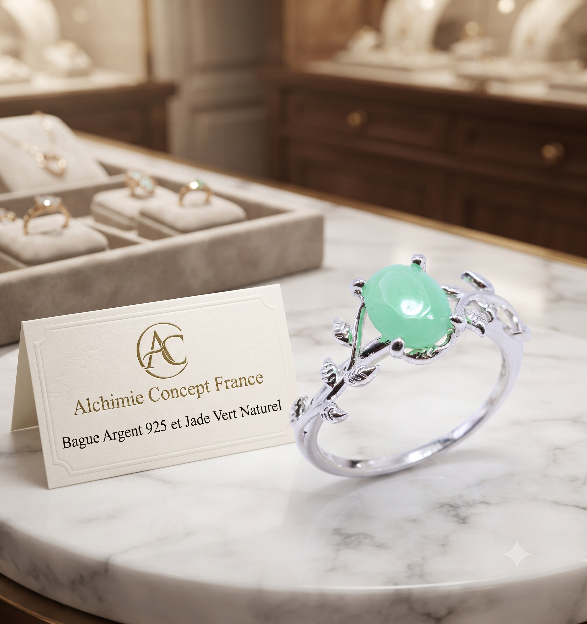 ✨ Bague Laurier & Jade Vert – Argent 925 Poinçon | Pierre Impériale de Sagesse & Harmonie