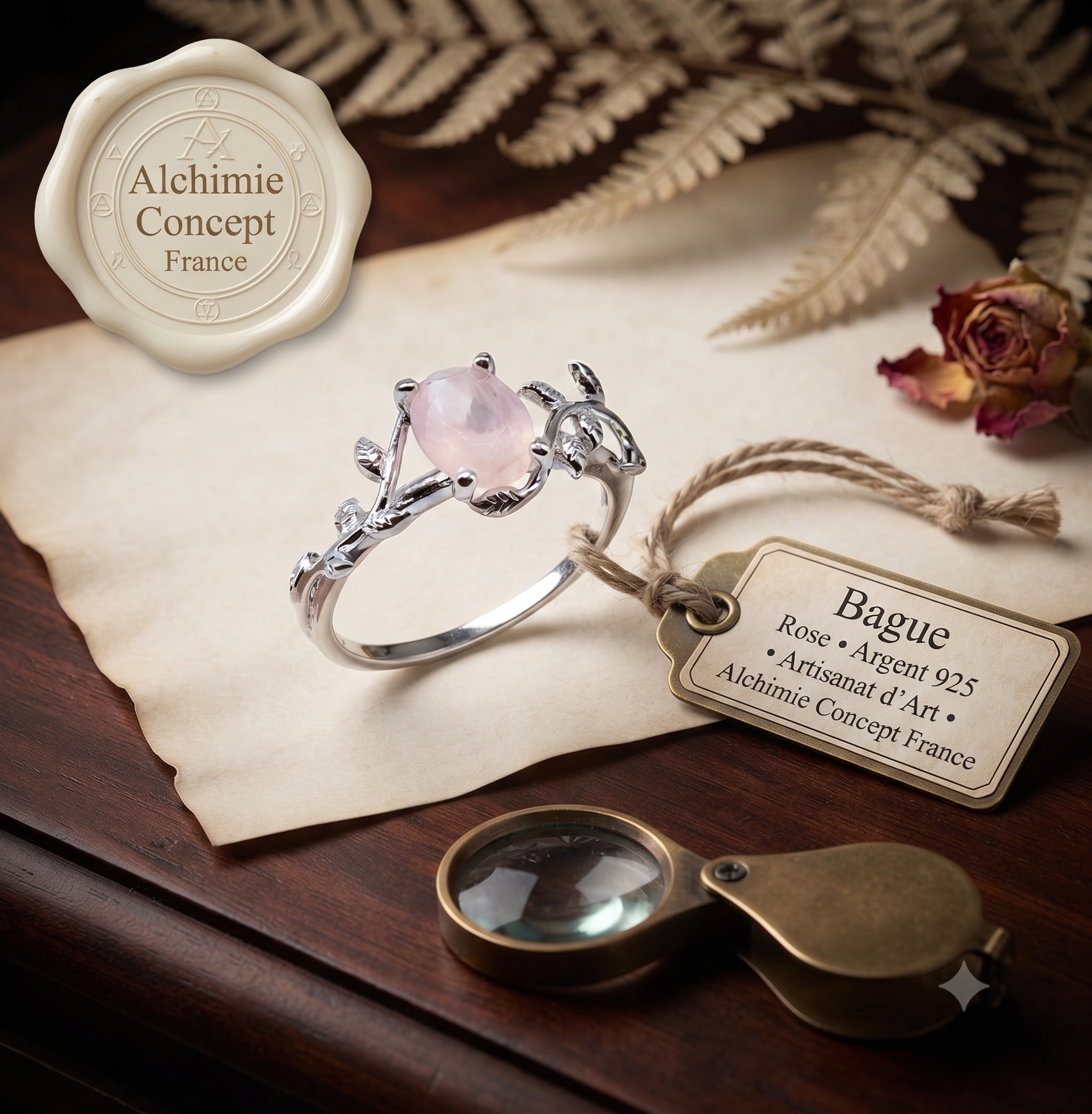 ✨ Bague Laurier & Quartz Rose – Argent 925 Poinçon | Pierre de l’Amour & Douceur