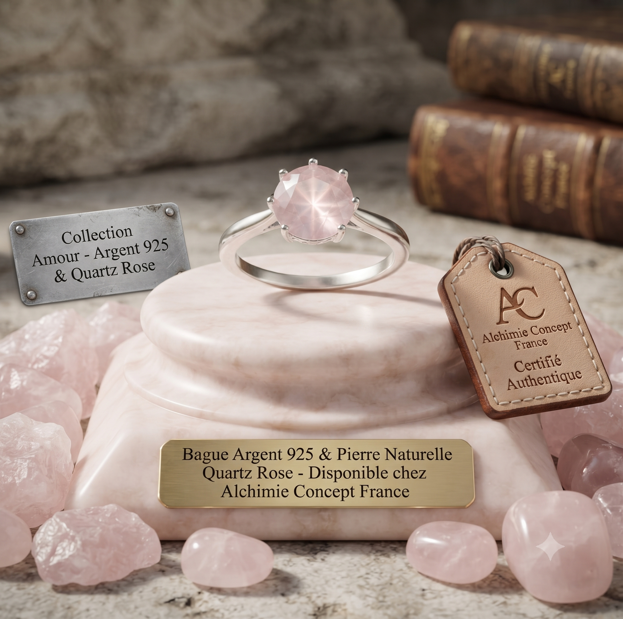 ✨ Bague Argent 925 Poinçon | 'Rond Sublime' – Quartz Rose Naturel – Taille Réglable