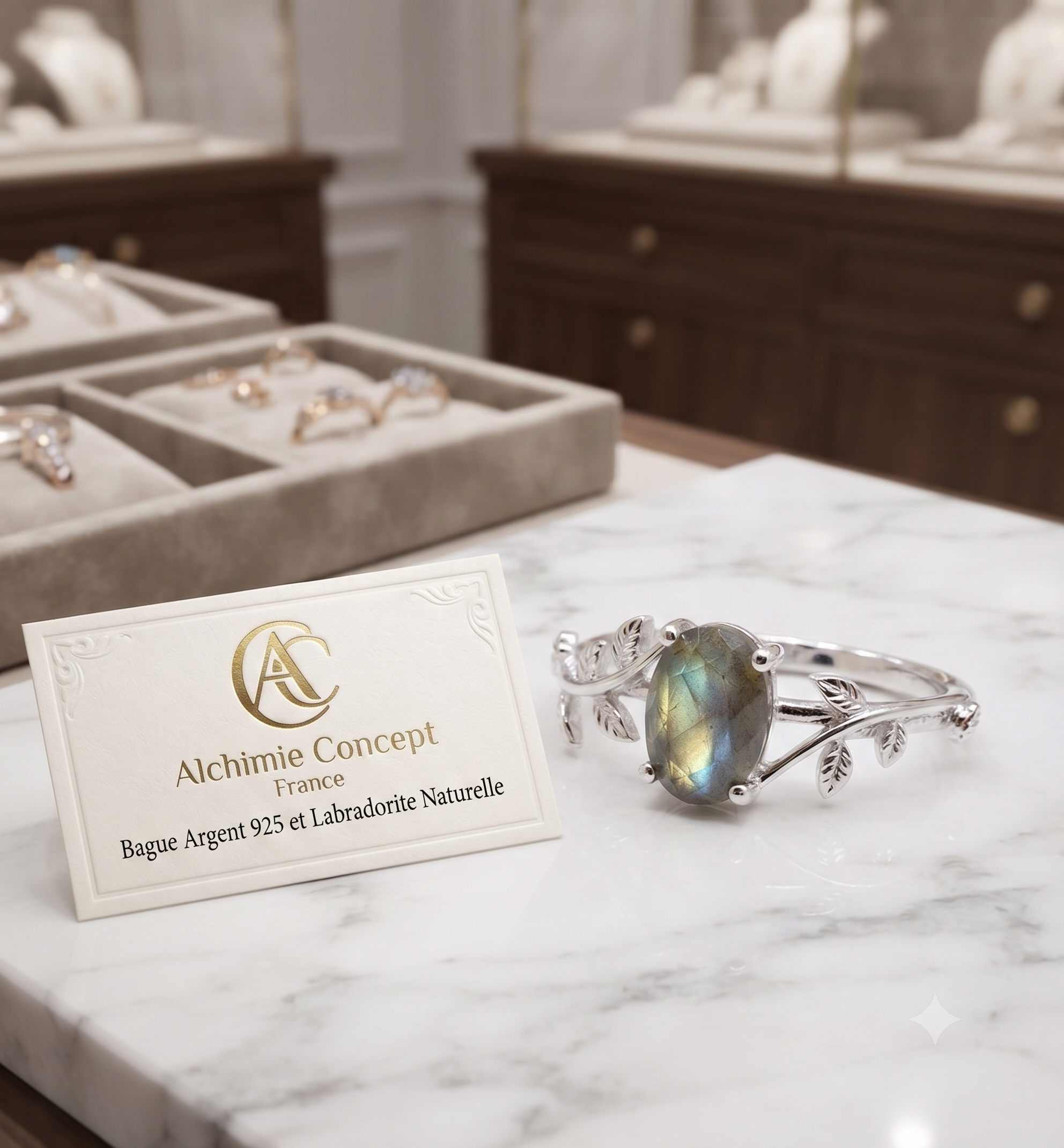 ✨ Bague Laurier & Labradorite – Argent 925 Poinçon | Pierre Magique d’Intuition & Transformation
