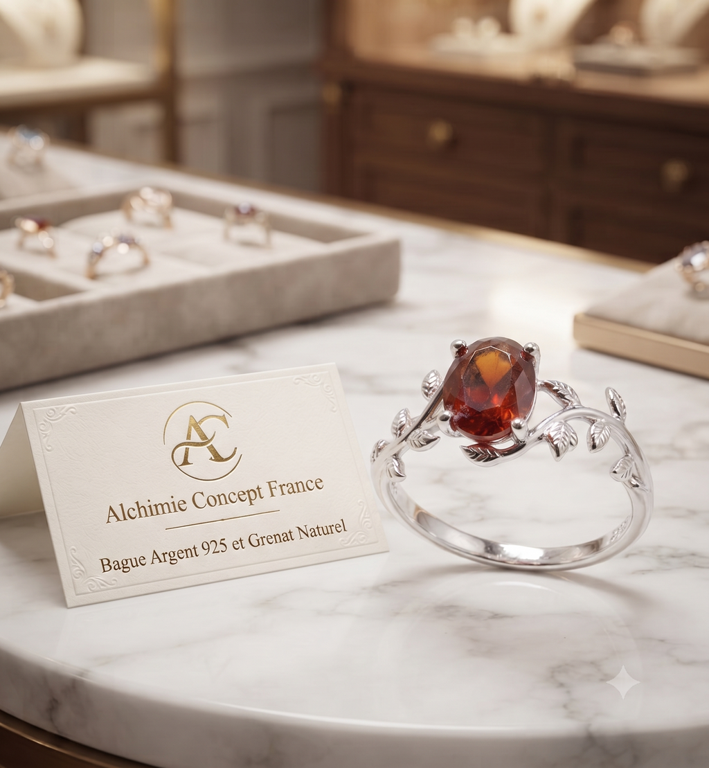 ✨ Bague Laurier & Grenat – Argent 925 Poinçon | Pierre de Passion, d’Amour & Vitalité